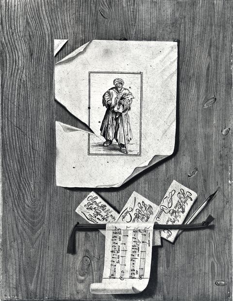 Sotheby's — Remps Andrea Domenico - sec. XVII - Trompe-l'oeil con portalettere, stampa, fogli e spartito — insieme
